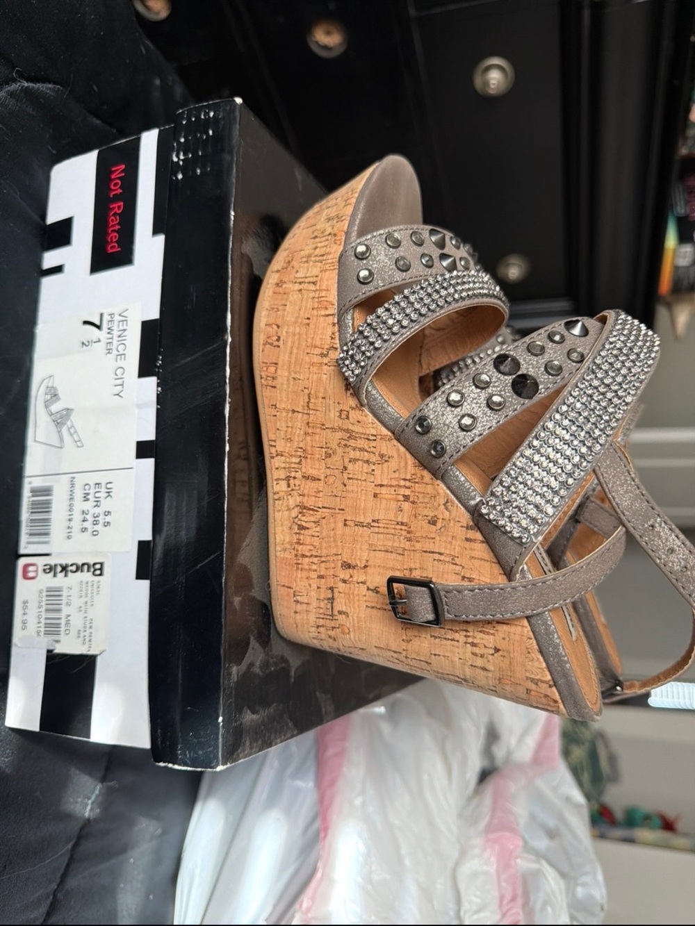 Platform Wedge Sandals with Stud and Rhinestone Straps - Taupe